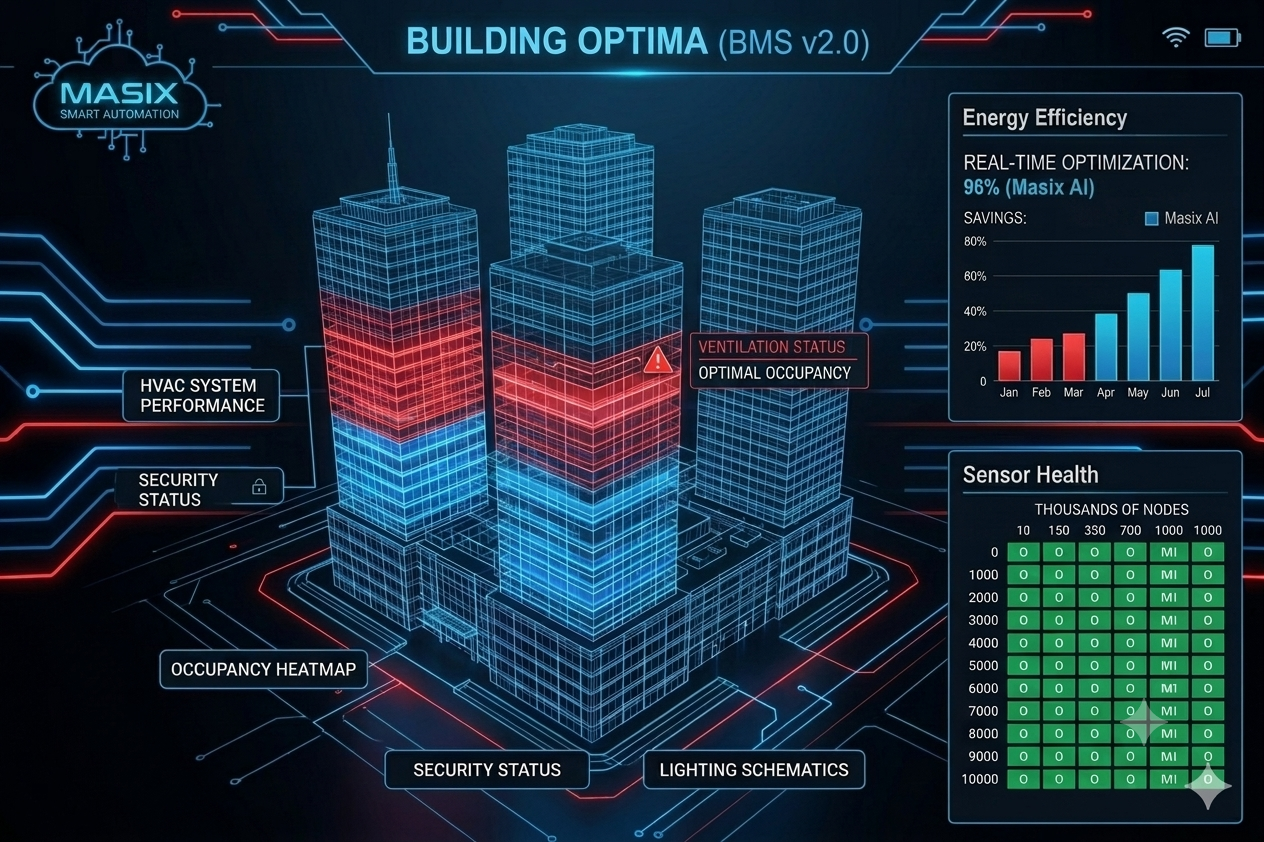 Building Optima BMS dashboard showing occupancy heatmap and energy efficiency metrics