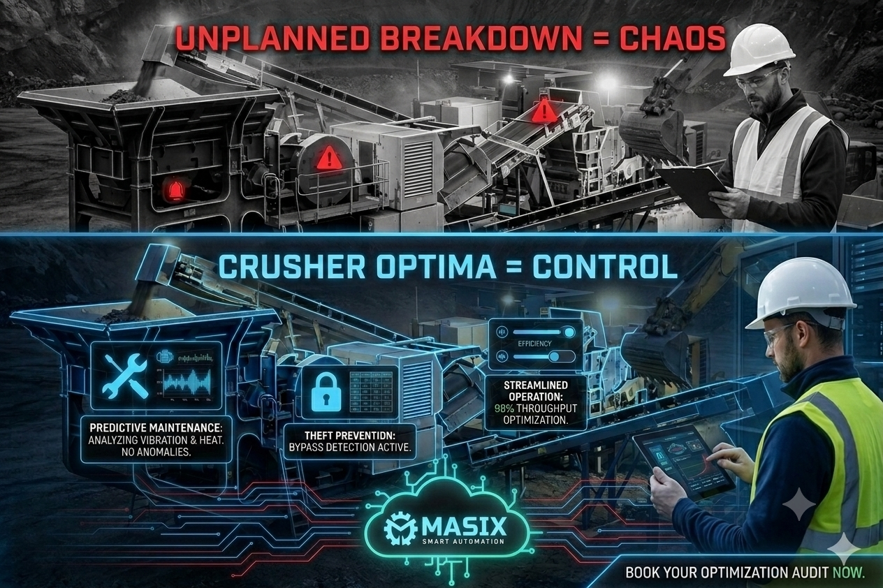 Crusher Optima predictive maintenance comparison showing unplanned breakdown versus controlled operations
