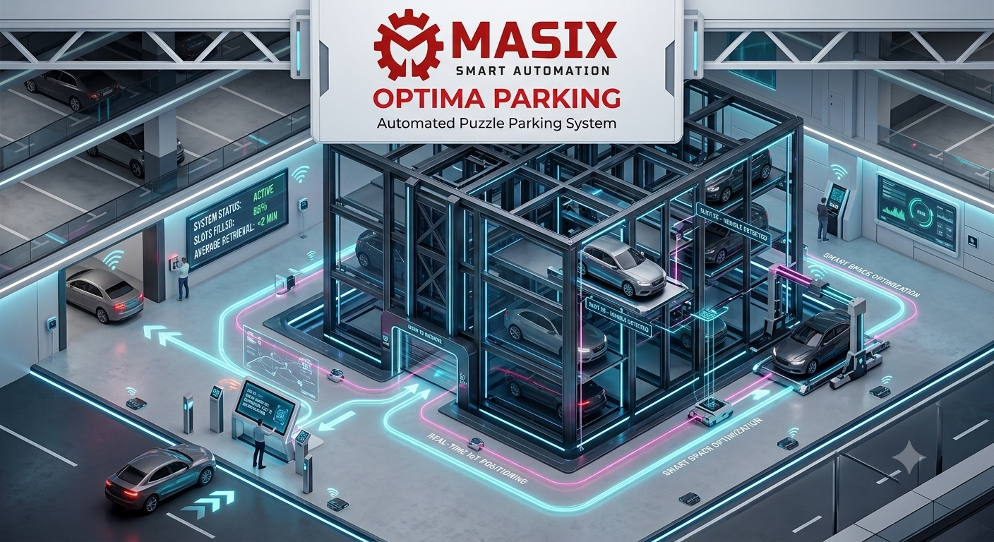 Parking Optima dashboard showing automated stacker and puzzle parking system status